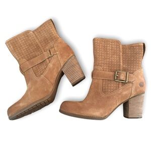 Timberland Earthkeepers Camel Laser Cut Suede Ankle Block Heel Boots Size 10